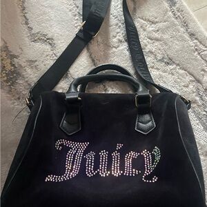 Juicy Couture Black Velvet Shoulder Bag with Iridescent Rhinestone 'Juicy' Logo